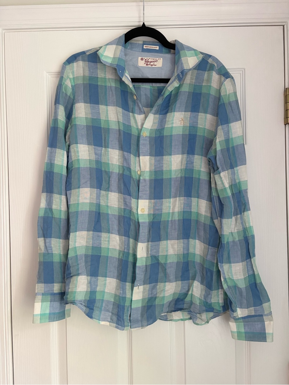 Original Penguin Blue, Green & White Plaid Button-Down Shirt linen cotton